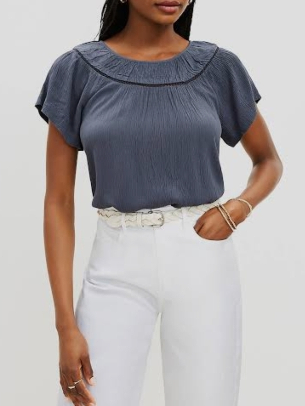 LOFT Women's Round Neck Blouse Slate Gray SZ LP